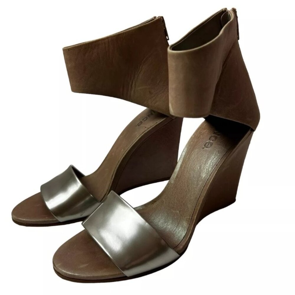 Vince. Women's ankle strap Heeled Wedges Taupe/Silver Leather